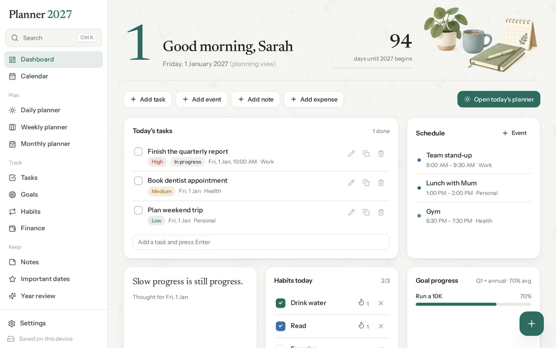 PlannerMY dashboard with today's tasks, schedule, habits and goals